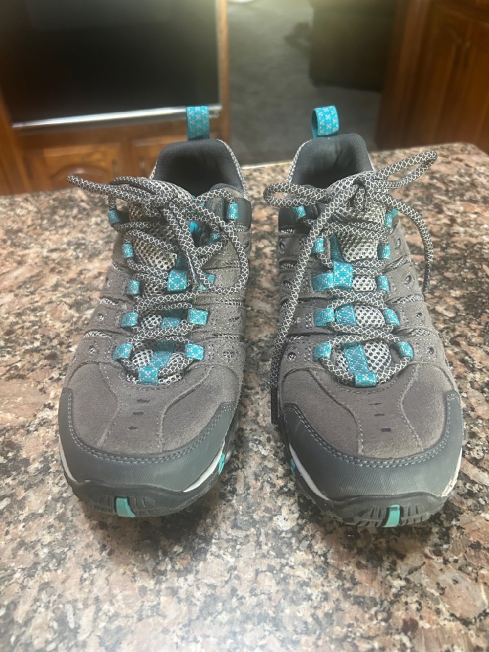Merrill Gray Hiking Sneakers with Teal Accents. Size 8.5